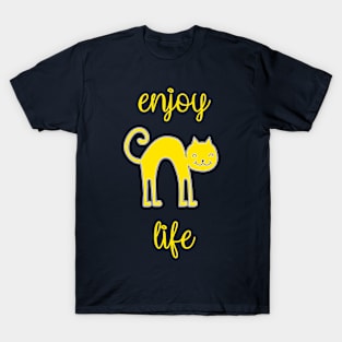 Enjoy life, happy cat face print, positive typographic print T-Shirt